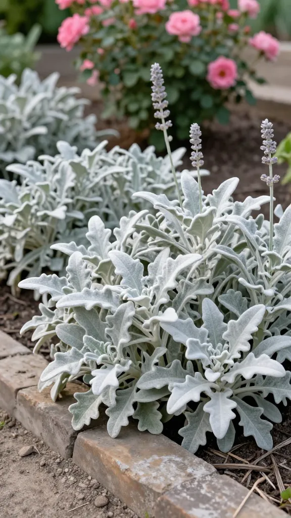 Close-up, realistic high-resolution photo of a lush drift of Lamb’s Ear (Stachys byzantina) in a dry, poor-soil garden bed, showcasing dense mats of velvety, silver-gray, fuzzy leaves that softly reflect light and create a plush, carpet-like texture; placed along a rustic garden edge with weathered stone pavers and mulched, gritty soil visible between rosettes; soft morning light highlights the fine hairs on the leaves with gentle shadows adding depth; background shows blurred pink heirloom rose shrubs rising behind the Lamb’s Ear to suggest companion planting, with a few understated, pale lavender Lamb’s Ear flower spikes in the midground but not dominating; color palette of silvers, soft greens, warm stone browns, and muted rose pinks; shot at leaf-level with a shallow depth of field for tactile detail and realism, no text, natural editorial garden photography style.