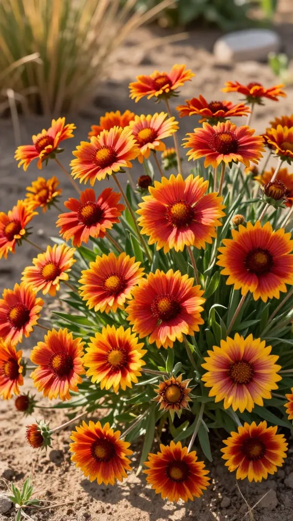 A realistic, high-resolution close-up garden scene featuring a mass of Gaillardia (Blanket Flower) in peak bloom, showcasing vibrant red, orange, and yellow pinwheel-like daisy flowers with dark burgundy centers and fringed petals. The plants are growing densely in a hot, sunny, dry setting with sandy, lean soil visible between clumps, and a subtle blur of drought-tolerant grasses and stones in the background. Include multiple flower stages—fresh blooms, some spent heads ready to be deadheaded, and a few seed heads—to hint at self-seeding. Warm golden-hour lighting enhances the fiery hues, with crisp detail on the petals and slight breeze motion in foliage. Naturalistic composition, shallow depth of field, ultra-realistic textures, 85mm lens look, no text.
