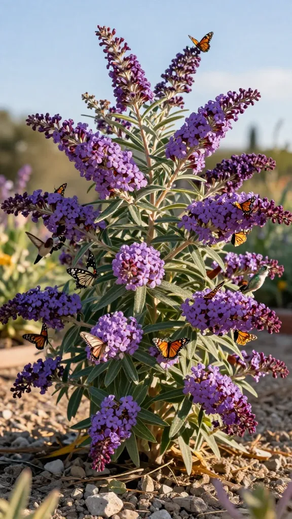 Close-up, high-resolution realistic photo of a mature Butterfly Bush (Buddleja) in peak summer bloom, featuring massive, fragrant panicles of purple-violet flowers arching over silvery-green lanceolate leaves, set in a sunny, lean, well-drained gravelly garden bed. Multiple butterflies (monarchs and swallowtails) and a hovering ruby-throated hummingbird actively feeding on the nectar to emphasize its pollinator-magnet appeal. The shrub is pruned to a clean, vigorous framework, forming a bold focal mass. Background shows soft bokeh of a bright blue sky and sunlit, dry border plantings, with warm golden-hour lighting highlighting the flower texture and fine leaf hairs. Ultra-realistic macro detail, shallow depth of field, natural colors, no text.