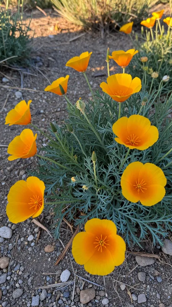Golden California poppies (Eschscholzia californica) in full bloom across a sunlit, gravelly patch of ground, capturing silky, satiny petals glowing in late afternoon light. The scene shows a naturalistic, self-seeded drift of poppies with delicate fern-like blue-green foliage, a few unopened buds, and scattered seed pods. Background includes a dry, neglected corner with pebbles, sparse grasses, and warm, sun-baked soil, with soft bokeh of additional blooms receding into the distance. Realistic, high-resolution macro-to-mid shot, low angle at plant level, crisp detail on petal texture and pollen-filled centers, warm golden tones with gentle shadows, shallow depth of field, natural color grading, no people, no text.