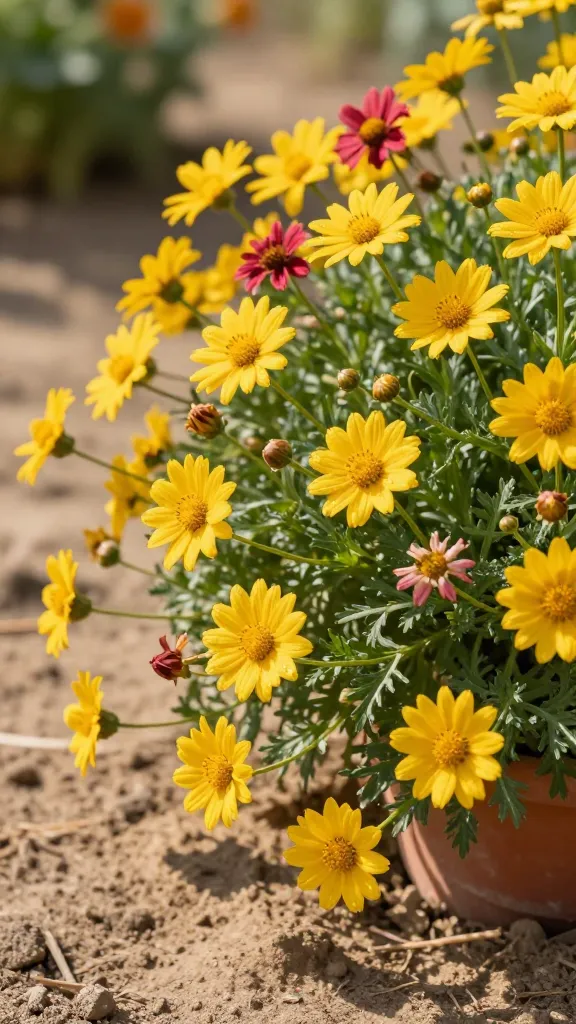 A bright, sunlit close-up of Coreopsis flowers thriving in a dry, sandy garden bed, showing abundant cheerful yellow daisy-like blooms with delicate, finely cut foliage; include a few contrasting pink-red Coreopsis varieties interspersed for color variation. Capture a naturalistic, late-morning golden light with soft shadows, dewy highlights on petals, and a shallow depth of field that keeps the foreground blooms razor-sharp while gently blurring the background. Show a few spent blooms and fresh buds to suggest continuous, cut-and-come-again flowering, with a hint of a simple terracotta container at one side to imply container suitability. Minimal mulch, gritty soil texture visible, no irrigation equipment, and a subtle breeze indicated by slight petal movement. Photographed with a full-frame camera, 85mm lens, f/2.8, ISO 200, realistic color grading, high-resolution botanical detail.