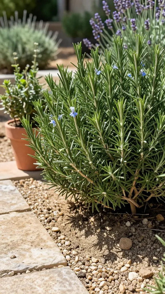 Close-up, high-resolution realistic photo of a mature rosemary shrub thriving in lean, well-drained gravelly soil under bright midday sun. The plant is dense, bushy, and neatly trimmed into a low hedge along a sunlit stone garden path, with silvery-green, needle-like leaves and a few delicate pale blue flowers. The scene shows sharp drainage: coarse sandy soil, pebbles, and a slight slope; a simple terracotta pot with another rosemary plant sits nearby. Warm Mediterranean light, crisp shadows, and a soft, blurred background of drought-tolerant plants (lavender, thyme) suggest a dry garden. Emphasize texture of the aromatic foliage, woody stems, and gritty soil; natural color palette, no text, ultra-realistic, 50mm lens, shallow depth of field.