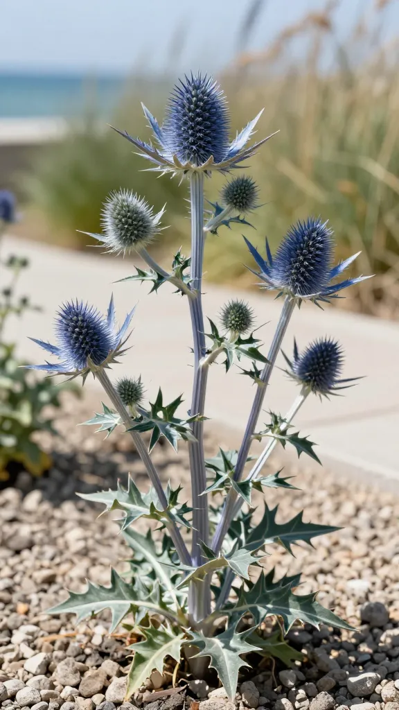 Realistic close-up photo of Sea Holly (Eryngium) in full bloom, showcasing metallic-blue, thistle-like flower heads with spiky bracts on steely, silver-blue stems and serrated, bluish-green leaves. Compose a small drift of plants in a modern, minimalist coastal garden setting with gravelly, poor soil, sunlit conditions, and a soft, out-of-focus background hinting at wind-swept grasses and distant sea tones. Emphasize the architectural, sculptural form and crisp textures, with sharp detail on the spines and iridescent blue hues. Natural daylight, high resolution, shallow depth of field, no text.