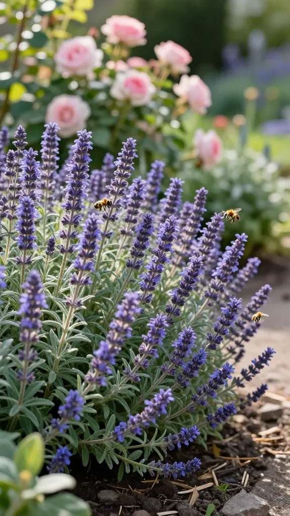 Close-up, realistic high-resolution photo of a lush catmint (Nepeta) drift spilling into soft, rounded mounds along a sunny garden path, covered in masses of small violet-blue tubular blooms and silvery-gray aromatic foliage. Early summer golden light with gentle bokeh, bees hovering and foraging among the flowers. In the mid-background, pale pink heirloom roses provide a soft, classic pairing, with a lightly mulched, slightly rocky poor-soil bed visible at the base. Naturalistic cottage-garden setting, low front-of-border placement, shallow depth of field, crisp detail on flower spikes and textured leaves, true-to-life color, 50mm lens look, ultra-real, editorial garden photography.
