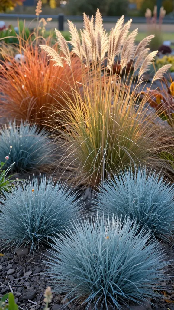 Realistic, high-resolution garden photograph showcasing a diverse mixed planting of ornamental grasses thriving in lean, well-drained, slightly rocky soil under golden late-afternoon light. Foreground features compact clumps of Blue Fescue (Festuca glauca) with icy blue, fine-textured tufts. Midground shows upright, vertical plumes of Feather Reed Grass (Calamagrostis ‘Karl Foerster’) with tall, tawny seed heads catching the light. Background includes Little Bluestem (Schizachyrium scoparium) in soft rust-orange fall color, adding warm tones and subtle movement. The scene captures gentle breeze motion blur in the seed heads, varied heights for structure, and winter-interest textures. Include naturalistic mulch, sparse wildflowers, and a blurred fence line or meadow edge in the distance for depth. Photorealistic, shallow-to-moderate depth of field, 50mm lens look, crisp detail, soft bokeh, no people, no text.