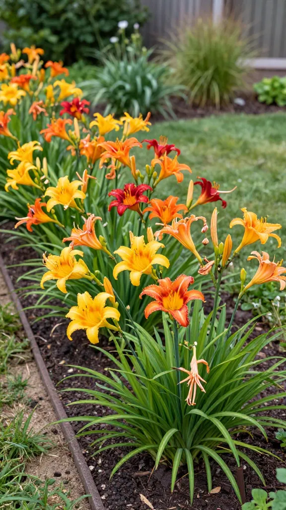 A realistic, high-resolution garden photo of vibrant daylilies (Hemerocallis) in peak bloom, mass-planted along a gently curving perennial border with mixed soil textures visible (patches of clay-rich, compacted earth transitioning to sandy loam). Multiple reblooming varieties show a range of colors—sunny yellow, tangerine orange, deep red, and soft peach—on arching, strappy green foliage. Capture numerous fresh, trumpet-shaped blooms and spent flowers to emphasize their one-day lifecycle, with dense clumps suggesting past divisions and healthy vigor. Soft early morning light with dewy highlights, shallow depth of field to keep the front clusters crisp while the background fades into a naturalistic suburban garden with mulch, ornamental grasses, and a blurred fence. No people, no labels, true-to-life color, ultra-detailed textures of petals and stamens, 50mm lens look, natural bokeh.