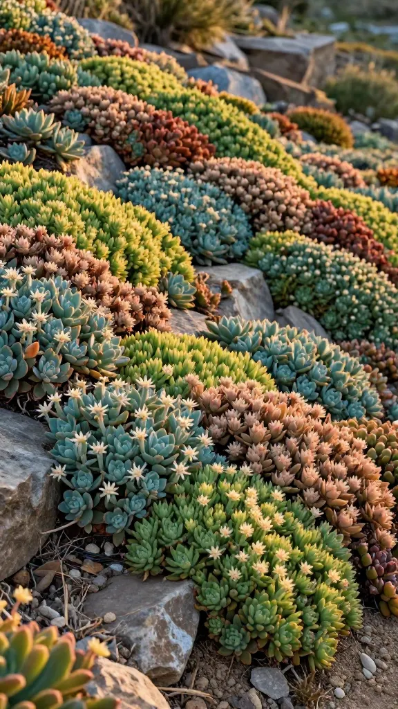 Ultra-realistic close-up landscape photo of a sprawling stonecrop (Sedum) groundcover forming a dense, colorful living carpet across a sunlit, rocky slope. Multiple low-growing sedum varieties create patchwork mats in chartreuse, dusty blue-green, and blush-to-rust tones, with tiny star-shaped flowers dotting some clusters. The plants weave between natural stone step paths and small boulders, softly blurring into the distance for depth. Dry, lean, sandy-gravel soil is visible in gaps, emphasizing drought tolerance and weed-suppressing coverage. Golden late-afternoon light enhances seasonal color shifts, with crisp detail on succulent leaves, subtle shadows, and a shallow depth of field for a premium, high-resolution, realistic garden aesthetic. No people, no text, natural outdoor setting, 50mm lens look, ultra-detailed, high dynamic range.