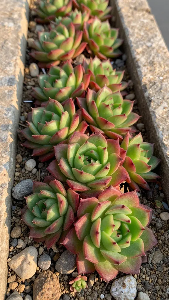 Ultra-realistic close-up photo of a thriving Hens-and-Chicks (Sempervivum) cluster growing in gritty, rocky soil within a shallow stone trough, bathed in warm late-afternoon sunlight. Multiple tightly packed rosettes in varied sizes—mother rosettes surrounded by offsets—displaying vibrant coloration: deep green cores fading to dusty red and burgundy tips with subtle, waxy texture. The scene includes natural cracks and crevices filled with pebbles and coarse sand, a few tiny volunteer offsets nestled in the gaps, and a faint background of a vertical planter wall with more Sempervivum spilling over edges. Lighting highlights the sculptural geometry and matte, drought-adapted leaves; shallow depth of field keeps the primary rosettes tack-sharp while the backdrop gently blurs. No text, hyper-detailed botanical realism, high resolution.