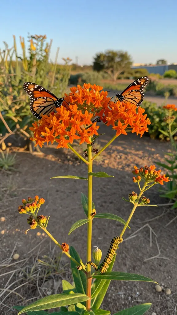 Close-up, realistic high-resolution photo of Butterfly Weed (Asclepias tuberosa) in full bloom in a sunny, sandy, poor-soil garden border, showcasing vibrant clusters of bright orange, star-shaped flowers atop upright, slender green stems with narrow, lance-shaped leaves. Include several Monarch butterflies and a few Monarch caterpillars to hint at its life-cycle support. Show unopened buds, open blooms, and a few developing spindle-shaped green seed pods that will dry for winter interest. Background: sunlit, airy pollinator patch with other drought-tolerant natives softly out of focus, warm golden afternoon light, clear blue sky bokeh, shallow depth of field, sharp botanical detail, natural colors, no text.