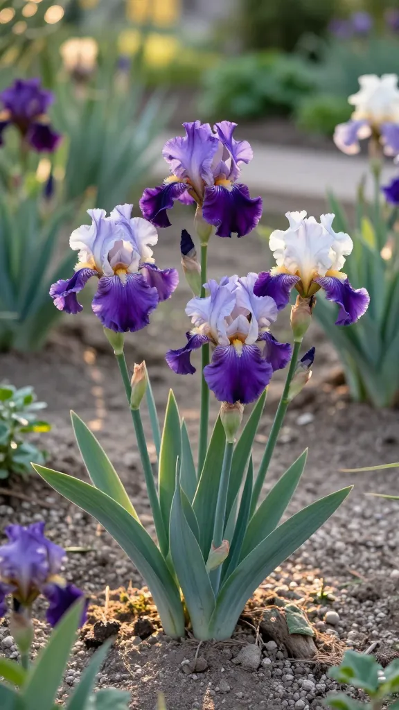 A high-resolution, realistic garden photograph showcasing a small grouping of bearded iris (Iris germanica) in peak bloom. The flowers have ruffled, velvety standards and falls in rich jewel tones (deep purple, soft lavender, and creamy white with golden beards). The rhizomes are clearly visible at the soil surface, half-exposed and sun-warmed, set in lean, well-drained, slightly sandy soil with a light gravel mulch. The scene is a sunlit elegant border with clean edges, minimal companion plants, and ample spacing between iris fans to suggest good airflow and low-maintenance care. Leaves are upright, sword-like, blue-green, crisp and healthy—not lush or floppy. Soft golden late-afternoon light creates gentle shadows and subtle bokeh in the background, hinting at a refined garden setting without distractions. Shot on a full-frame DSLR with a 50mm lens, shallow depth of field (f/2.8) to keep the foremost blooms razor sharp while softly blurring the background, true-to-life colors, no text.