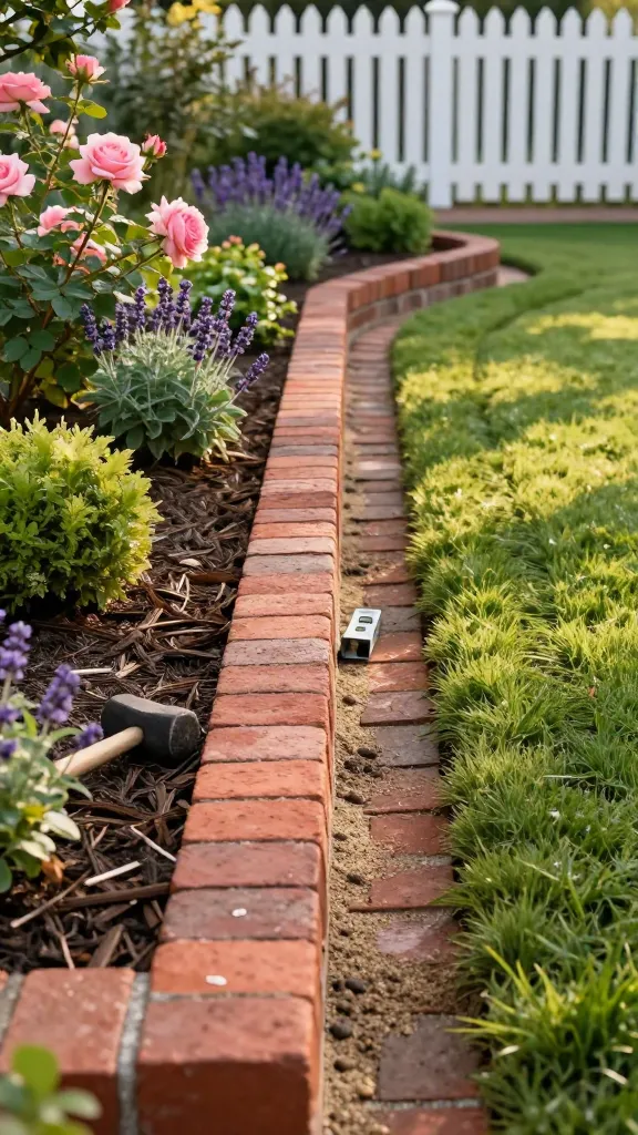 Realistic high-resolution photo of a cottage-style garden featuring a classic brick-on-edge border running along a curved flower bed. The main focus is the brick edging: full-size red clay bricks stood vertically on their narrow sides, tightly aligned in a shallow trench, with crisp, even tops leveled to the lawn. A compacted sand base is subtly visible where a few bricks are being set, with a rubber mallet and small level resting nearby for authenticity. On one side, a lush mixed bed of perennials—soft pink roses, lavender, catmint, and boxwood shrubs—mulched with dark brown bark; on the other side, a neatly mown green lawn with a mower wheel track grazing the brick edge to show durability. Late afternoon golden light, gentle shadows, slightly damp soil, and a few loose grains of sand for texture. Background shows a charming white picket fence and a brick pathway, shallow depth of field to keep the edging crisp and prominent. No text.