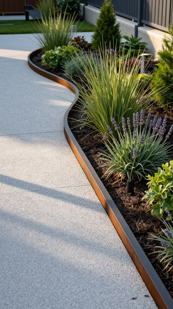 Realistic, high-resolution photo of a contemporary backyard garden showcasing steel strip edging as the star feature, creating razor-sharp, minimal lines between a lush flower bed and a smooth gravel walkway. The edging is 4–6 inches deep and visibly sleek: a mix of powder-coated dark charcoal steel in the foreground and a section of corten steel developing a warm rusted patina in the midground, both forming gentle, precise curves around ornamental grasses, lavender, and low evergreen shrubs. Stakes are subtly visible every 2–3 feet, neatly anchoring the strips flush with the soil. The mulch is contained perfectly within the bed with no spillage onto the pale gray gravel path. Soft late-afternoon light with long, clean shadows highlights the crisp edge and modern aesthetic. Background includes a minimalist fence and a few architectural planters to emphasize a contemporary vibe. Ultra-detailed textures: fine gravel, smooth steel surfaces, subtle rust bloom on corten, and cleanly cut turf edge. Shot at eye level with shallow depth of field to keep the edging line in sharp focus, hyper-real, no text.