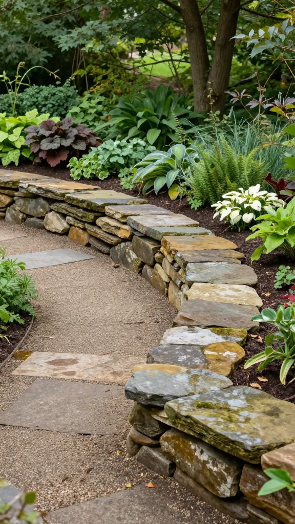 Realistic, high-resolution photo of a garden bed with natural stone stacking edging as the focal point: a gently curving border made from dry-stacked flat fieldstone and flagstone pieces in mixed earth tones (grays, tans, and soft mossy greens), set atop a compacted gravel base with edges softened by soil and leaf litter. The stones are irregular but neatly shimmed for stability, no mortar visible, with subtle moss and lichen starting to form on some surfaces for an aged, organic look. The bed hosts a lush, informal shade garden: hostas, ferns, heuchera, and woodland perennials with layered textures and varying greens, under the dappled canopy of mature deciduous trees. In the background, a naturalistic woodland edge softly out of focus; foreground shows a few small pea-gravel patches and hints of landscape fabric tucked beneath the stones. Soft, diffused morning light with gentle shadows, slightly damp soil, and a calm, serene atmosphere that emphasizes the seamless, natural integration of the stone edging into the landscape. No people, no text, hyper-real detail, shallow depth of field.