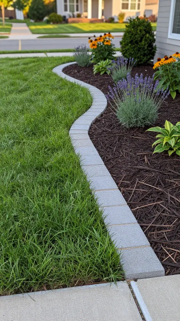 Late afternoon, front-yard garden with a freshly installed “soldier course” border made of concrete pavers laid end-to-end along a lush, neatly mowed lawn and mulched flower bed. The pavers are set slightly higher than the grass for a crisp, mow-over edge, with visible tight joints filled with polymeric sand. The border transitions into a gentle curve using smaller pavers for a tighter arc. On the bed side, dark brown mulch stays neatly contained around blooming perennials (lavender, coneflowers, hostas) and a small boxwood, while the lawn side shows clean mower tracks parallel to the edge. Suburban curb appeal setting: a well-kept sidewalk, a tidy driveway, and a craftsman-style home facade softly blurred in the background. Natural, golden-hour lighting with subtle shadows emphasizes the texture of the pavers, grass blades, and mulch; realistic color, shallow depth of field, high-resolution photo. No text.