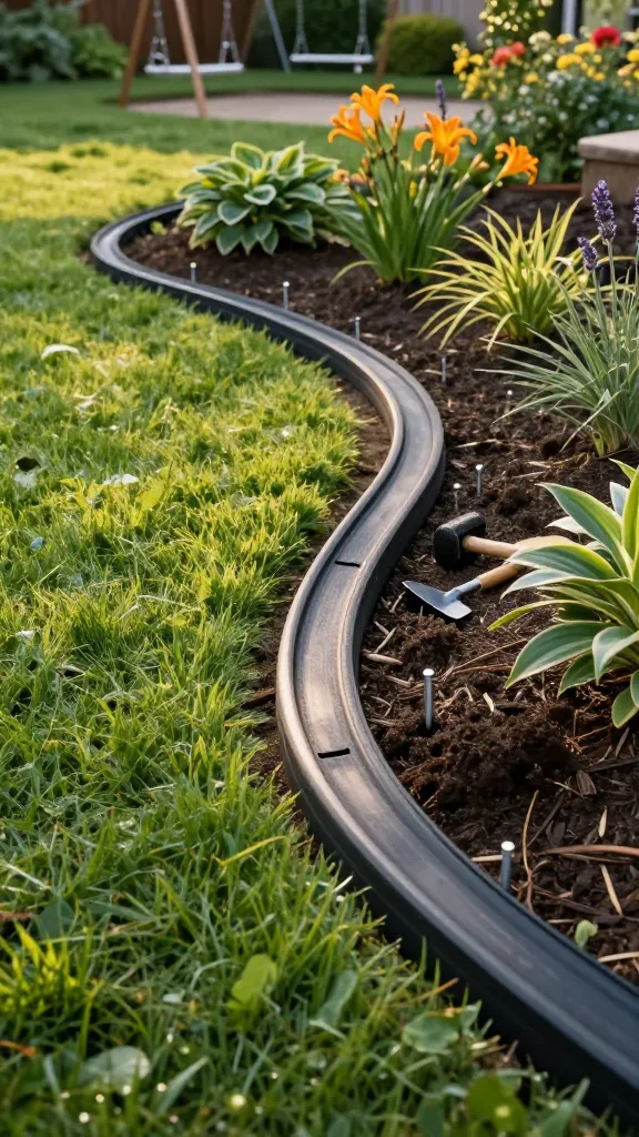 Realistic high-resolution photo of a backyard garden scene showcasing flexible plastic/rubber garden edging used to create smooth, wavy flower bed curves around a lush lawn. The main subject is the garden edging: a dark charcoal recycled-rubber strip warmed by sun, subtly textured, with its top lip buried slightly so only a clean line is visible. Show the installation details: metal stakes placed every 2 feet and at direction changes, a small mallet and hand trowel nearby, shallow trench with fresh soil tucked against the edging. The curving bed contains mulched soil with hostas, daylilies, and lavender, plus a kid-friendly play area in the background with a simple swing set to suggest practicality. Late afternoon golden light, soft shadows, realistic depth of field highlighting the edging line; natural colors, no text, ultra-detailed, 50mm perspective, photo-real.