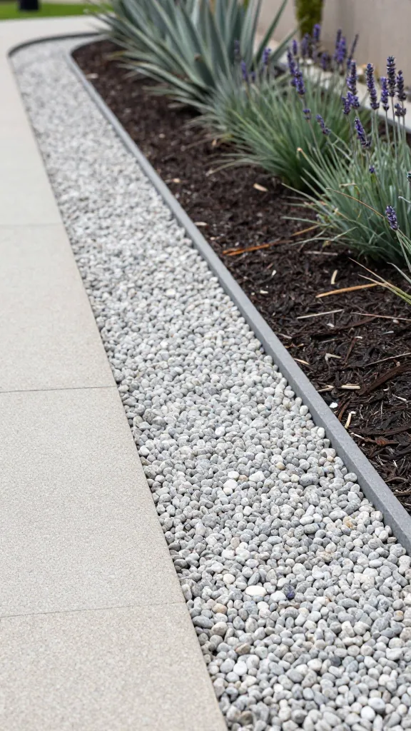Realistic high-resolution photo of a modern garden bed edged with a clean gravel trench: a 6–8 inch wide trench runs in a smooth curve along a mulched flower bed with drought-tolerant plants (agave, lavender, ornamental grasses). The trench is neatly lined, showing layers: compacted base gravel beneath and a top layer of rounded pea gravel, both clean and well-leveled, forming a subtle, minimal boundary that allows water to drain. The surrounding path is light decomposed granite; the bed has dark mulch for contrast. Soft morning light, slightly overcast for even tones, shallow depth of field emphasizing the trench texture and edge profile. No visible text or labels, no tools in frame—just a finished, intentional, low-maintenance xeriscape look. Photorealistic detail of stone texture, fabric edge subtly hinted at under gravel near a crisp cut soil edge. 35mm lens, eye-level angle.