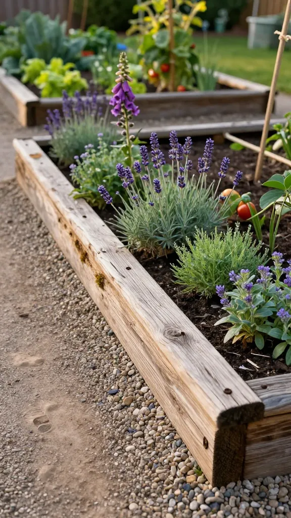Golden-hour garden scene showcasing reclaimed timber rails used as edging around a lush cottage-style flower bed; thick weathered cedar sleepers form a low, straight border set on a compacted gravel base, with visible pea gravel tucked neatly beneath the wood; predrilled holes reveal dark steel rebar pins securing the timbers at intervals; inside the bed, layered plantings include lavender, foxgloves, catmint, and low herbs spilling slightly over the rails, with mulched soil cleanly defined by the edging; a rustic gravel pathway runs alongside, scattered with soft footprints; in the background, a veggie patch framed with matching reclaimed landscape timbers contains leafy greens and tomatoes staked with twine; warm, diffused sunlight, shallow depth of field, realistic textures of grain, knots, and patina on the wood; subtle signs of age like moss and lichen on one beam; natural color palette, high-resolution, true-to-life photography, no text.