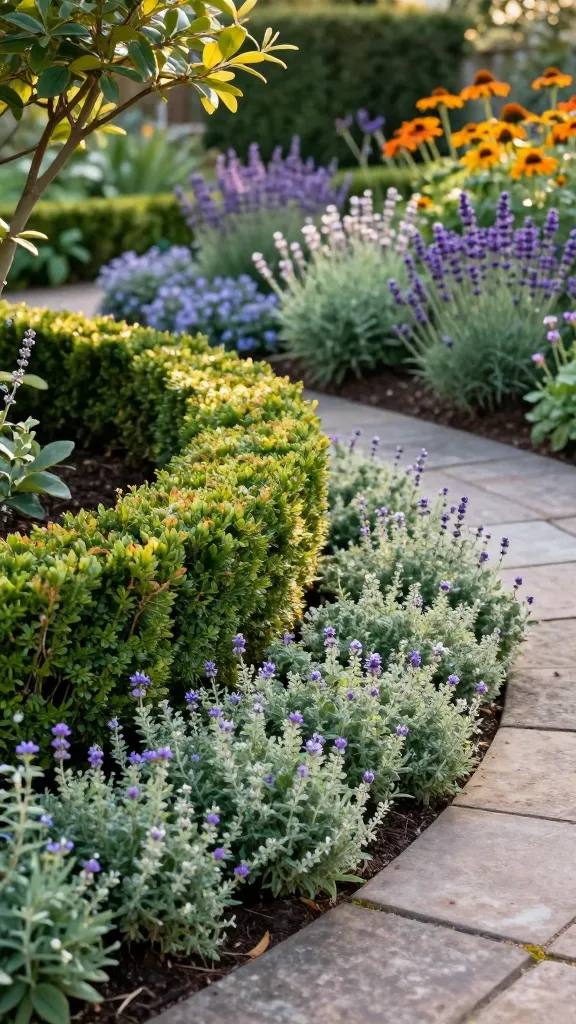 Realistic high-resolution photo of a lush garden flower bed with living edges created by low-growing boxwood and creeping thyme, showcasing neat, luxurious garden edging. Foreground shows a gently curving border: compact boxwood ‘Green Velvet’ trimmed to 8–12 inches tall on one side, forming a tidy, formal hedge; on the opposite curve, a dense mat of fragrant creeping thyme spilling slightly over a stone path, dotted with tiny bee-friendly purple blooms. Midground features layered perennial flower beds with soft, colorful plantings (lavender, coneflowers, and salvia) for seasonal interest. Include a shorter strip of liriope in partial shade under a small ornamental tree to hint at alternative edging in the same scene. Lighting is warm late-afternoon golden hour, emphasizing texture and softness. The setting is a well-kept suburban garden with a natural stone walkway and rich mulch beds, shallow depth of field highlighting the living edges while keeping the flowers and path recognizable. No people, no text.