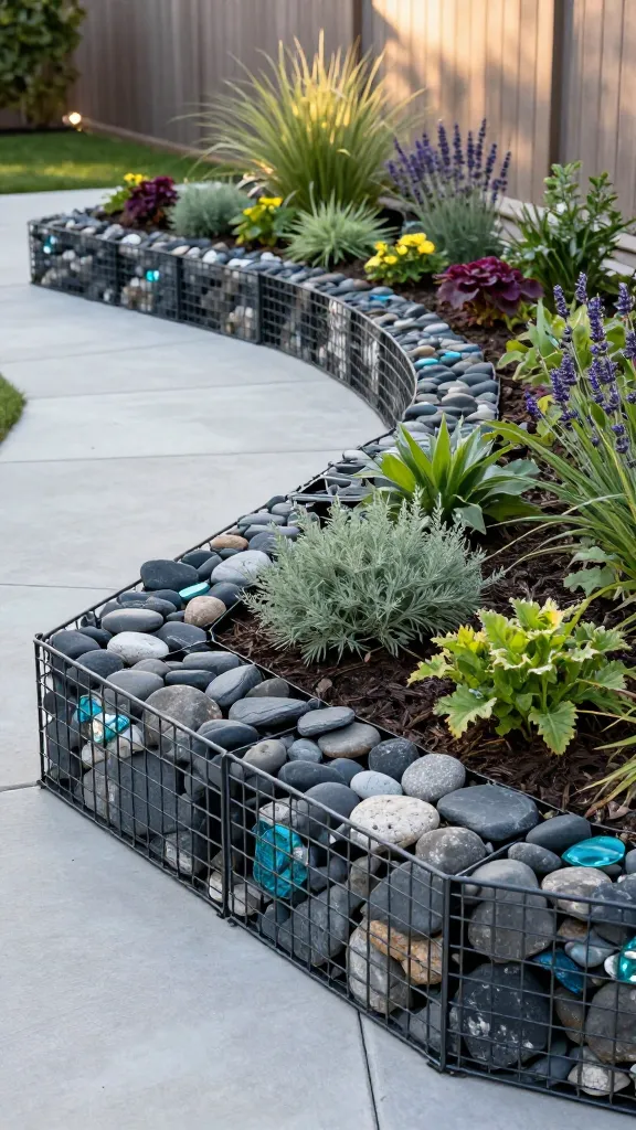 Ultra-realistic photo of a contemporary flower garden showcasing neat garden edging with gabion mini-walls: low, modular gabion baskets (6–12 inches tall) forming crisp, curved borders around lush, well-maintained flower beds. The gabions are filled with a mix of smooth river rock, charcoal slate chunks, and accents of recycled blue-green glass for industrial-cool texture. Planting features layered perennials and ornamental grasses (sedum, lavender, heuchera, and blue fescue) with dark mulch, set against a clean modern backdrop of a light concrete patio and a minimalist wooden fence. Subtle terracing on a slight slope demonstrates erosion control, with landscape fabric visible at a small open end of one gabion during installation. Warm late-afternoon light, shallow depth of field, natural color grading, crisp detail on stone and metal mesh, no people, no text.