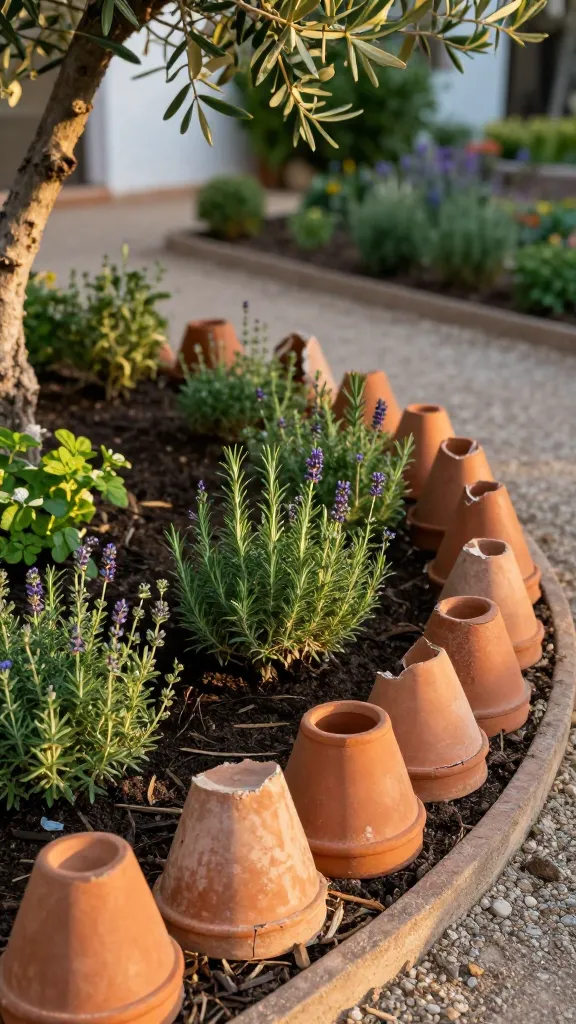 Golden-hour close-up of a small Mediterranean-style herb garden bordered with terra-cotta pot slices: broken pots cut into halves and thirds stand upright in a gentle, whimsical curve around a compact bed of thyme, rosemary, and lavender. The warm, sunlit terra-cotta contrasts against rich dark mulch and lush green foliage. Some slices are buried about one-third for stability, with a playful mix of heights creating a scalloped rhythm; a second section shows a uniform-height run for a tidier line. Subtle chips and scored break lines on the rims look authentic, edges softly weathered with a light patina. The soil line is clean, and a narrow gravel path runs alongside the border. Background softly blurred with olive trees and white stucco wall hints, evoking a Mediterranean vibe. Natural, realistic lighting with crisp detail and shallow depth of field, 50mm lens, high-resolution, no text.