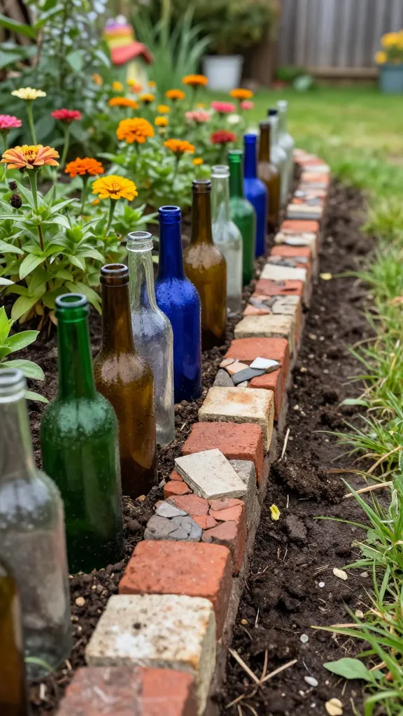 Realistic close-up photo of a whimsical garden bed edged with upcycled glass bottles and mixed brick shards arranged neck-down in a tight, rhythmic mosaic. The bottles vary in color—emerald green, cobalt blue, amber, and clear—interspersed with weathered red and cream brick fragments to create a playful, patterned border. The trench edge is neat: 4–6 inches deep with dark, freshly turned soil backfilled snugly around the bottles and shards for stability. Lush, well-tended flower bed behind the edging features cheerful zinnias and marigolds, soft grasses, and a few kid-friendly garden ornaments slightly out of focus. Soft morning light with gentle shadows, slight soil texture and condensation on some bottle surfaces for realism. Background shows a cozy, quirky backyard with a hint of a wooden fence and dappled greenery, shallow depth of field, high-resolution, natural color grading, no text.