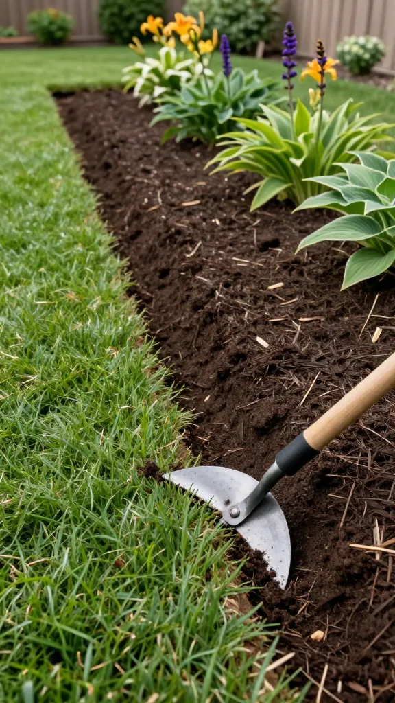 Ultra-realistic photo of a gardener creating invisible edging for a flower bed using a half-moon edger: a close, low-angle view of a freshly spade-cut, 4–6 inch deep V-shaped trench with a slight inward bevel separating a lush, mulched perennial bed from a neatly mown lawn. The scene shows dark, rich mulch filled right up to the crisp edge, clean soil profile visible in the trench, and fine lawn grass blades trimmed tight along the boundary. In the foreground, the steel blade of a half-moon edger is pressed into the turf along a smooth, repeatable arc, with compacted soil crumbs and a narrow strip of sod lifted beside it. Natural morning light, soft shadows, and subtle moisture on the soil enhance texture and realism. The planting bed includes hostas, daylilies, and salvia with a few blooming stems for color, while the background shows a modest suburban yard with a fence softened by shrubs, shallow depth of field to keep focus on the ultra-clean edge. Color palette: deep brown mulch, emerald turf, earthy soil tones. No text.