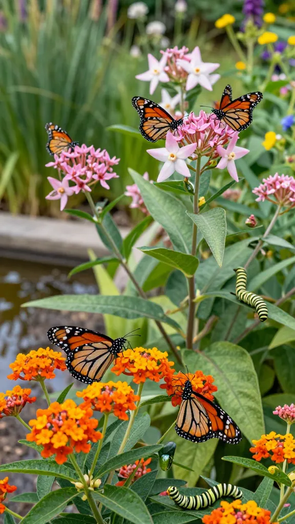 A realistic, high-resolution photo of a vibrant butterfly garden centered on milkweed in peak bloom, alive with monarch butterflies. Foreground: a dense cluster of butterfly weed (Asclepias tuberosa) with vivid, blazing orange flower umbels and narrow, lance-shaped leaves, sunlit and sharply detailed. Midground: tall stalks of swamp milkweed (Asclepias incarnata) with soft pink flower clusters and slightly glossy, opposite leaves, growing beside a shallow, reflective garden pond edge to suggest moist soil. Background: showy milkweed (Asclepias speciosa) with larger, star-shaped, pale pink to whitish flowers and broad, velvety leaves, interspersed with native grasses and a few blurred wildflowers. Multiple monarchs in various life stages: a close-up monarch butterfly with crisp wing veining feeding on orange blooms, another perched on pink flowers with proboscis extended, a striped black-yellow-white caterpillar chewing a milkweed leaf, and a small green chrysalis with gold flecks hanging from a protected leaf underside. Natural morning light with soft bokeh, shallow depth of field, true-to-life colors and textures, no human-made objects, 50mm perspective, ultra-detailed macro elements, photographic realism.