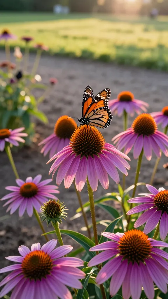 Close-up, high-resolution realistic photo of a vibrant butterfly garden centered on blooming purple and pink coneflowers (Echinacea purpurea) glowing in golden-hour sunlight. A monarch butterfly and an eastern tiger swallowtail feed on the prominent, spiky orange-brown cone centers, using them as landing pads. Surrounding coneflowers show a mix of fresh blooms and a few late-season seed heads for birds. The scene captures a naturalistic, low-maintenance bed in full sun with well-drained, slightly sandy soil and a soft, blurred meadow background. No double-flowered varieties—only classic single blooms with strong nectar appeal. Shallow depth of field, crisp detail on petals, cones, and butterfly wings, warm color palette, natural lens flare, lifelike textures, ultra-realistic photography.