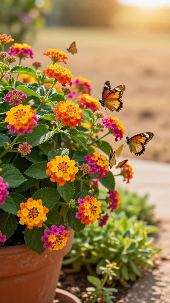 Ultra-realistic close-up photo of a vibrant Lantana camara “Fireworks” in full summer bloom, showing multi-colored flower clusters that shift from yellow to orange to magenta on the same head. Scene set in a sun-drenched butterfly garden with a shallow depth of field: crisp foreground blooms and textured serrated green foliage, with soft, warm bokeh of a dry, heat-baked landscape behind. Include several butterflies actively feeding—one Eastern Tiger Swallowtail, one Skipper, and one Sulphur—captured mid-proboscis on the florets. Show a mix of uses: a terracotta patio pot overflowing with dense lantana in the left midground and a low, sprawling groundcover patch along a sunny edge to the right. Lighting is golden-hour warm, highlighting the plant’s heat-loving resilience; subtle dust and pollen motes in the air for realism. No human elements, no text, high-resolution macro detail, natural color grading, 85mm lens look, f/2.8 shallow DOF.