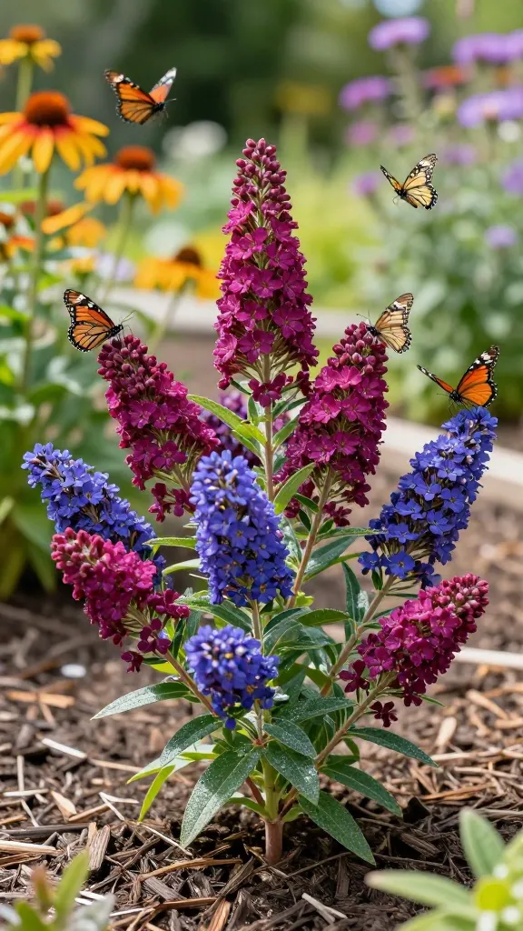 Close-up, high-resolution photo of a responsibly planted butterfly bush (Buddleja) in full sun, showcasing sterile cultivars like ‘Miss Molly’ with deep magenta flower panicles and ‘Blue Chip’ with compact violet-blue blooms, surrounded by well-drained mulched soil and tidy early-spring pruning cuts visible on older stems. Multiple native butterflies actively nectaring—monarchs, swallowtails, and painted ladies—hovering and perched on dense cone-shaped flower clusters, with softly blurred summer garden background of native-friendly perennials (coneflower, asters) for context. Natural daylight, crisp detail on nectar-rich florets, dewy leaves with silvery-green undersides, gentle bokeh, lifelike colors, documentary-style, ultra-realistic macro-telephoto depth of field. No text.