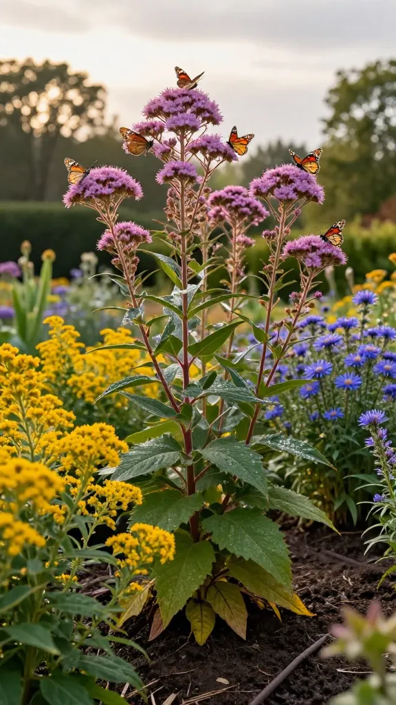 Realistic high-resolution photo of a lush late-summer butterfly garden anchored by towering Joe-Pye weed (Eutrochium) in full bloom: tall 5–7 ft stems topped with big, fluffy mauve-pink plumes clustered in domed heads, drenched in warm golden afternoon light. Multiple native butterflies actively nectaring at ideal height—monarchs, painted ladies, and swallowtails—wings partially open, showing motion blur on some to convey movement. Joe-Pye weed positioned at the back of a mixed border in a moist, rain-garden setting with visible rich, damp soil and a subtle shallow swale. Fore- and mid-ground include complementary drifts of goldenrod (bright golden sprays) and purple-blue asters, creating vivid fall “fireworks” color contrast. Naturalistic planting with sturdy, burgundy-tinged stems and large, serrated leaves; dewdrops catching light. Soft-focus woodland edge in the background, no hardscape, overcast sky breaking to sun for luminous, diffused highlights. Shot at eye level slightly upward to emphasize height, shallow depth of field to keep Joe-Pye weed and butterflies tack sharp while background softly blurs. Ultra-detailed, color-true, lifelike textures, no text.