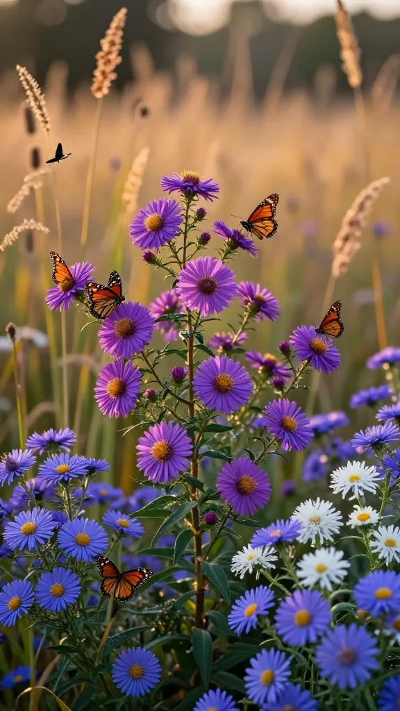 Golden-hour, late-autumn butterfly garden bursting with asters as the focal point: tall New England asters (Symphyotrichum novae-angliae) with saturated purple-magenta daisylike blooms and golden centers, clustered alongside compact New York asters (S. novi-belgii) covered in abundant lavender-blue flowers, and airy sprays of white-speckled Calico aster forming delicate clouds. Interweave naturalistic drifts of native grasses (little bluestem and switchgrass) with seed heads catching warm backlight. Multiple migrating monarch butterflies and a few painted ladies actively nectaring on the asters, wings detailed and semi-translucent in the sun. Shallow depth of field isolates the asters and butterflies, with a softly blurred meadow background in russet, gold, and olive tones. Realistic, high-resolution macro-telephoto look, fine detail on petals, pollen, and butterfly scales, dew-kissed stems, no human elements, no text.