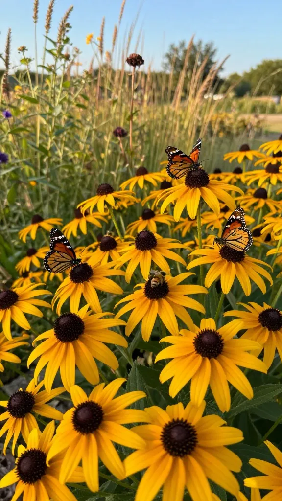 Close-up, realistic high-quality photo of a vibrant Black-eyed Susan (Rudbeckia) patch in full sun at mid-to-late summer, featuring a dense drift of golden-yellow daisy-like blooms with rich chocolate-brown cone centers. Multiple butterflies (painted lady and monarch) and a few honeybees actively feeding on the flowers, conveying lively pollinator activity. Background shows a softly blurred naturalistic garden with mixed prairie grasses and a hint of other wildflowers, bright blue sky bokeh, and warm, late-afternoon golden light. Include a mix of ‘Goldsturm’ clumping plants and a few slightly wilder-looking R. hirta stems for variety. Some spent seedheads left standing to hint at winter interest. Natural color palette, crisp detail on petals and central cones, shallow depth of field, realistic textures, no people, no labels, 50mm lens look.