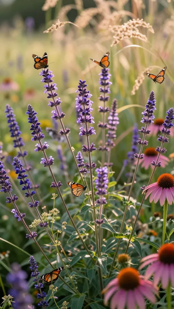 Realistic close-up photo of a sunlit summer pollinator garden centered on Verbena bonariensis: tall, slender, branching stems topped with airy, small purple flower clusters floating at eye level. Multiple butterflies actively visiting—include a monarch and a painted lady perched on the verbena heads with wings partly open. The verbena threads through a mixed border without crowding, interplanted with purple-blue salvias, pink-purple coneflowers (Echinacea), and soft, tawny ornamental grasses swaying gently. Background softly blurred to suggest depth, warm golden-hour light highlighting the translucence of petals and butterfly wings, slight breeze implied by gently arcing stems. Naturalistic, lightly self-seeded drifts create a meadowy feel; no mulch or hardscape visible. Ultra-detailed, high-resolution macro/telephoto look with shallow depth of field, true-to-life colors and textures, no text.
