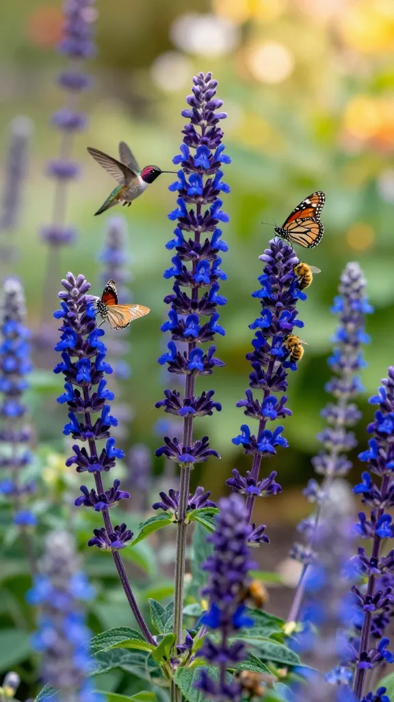 Ultra-realistic close-up photo of a vibrant butterfly garden centered on salvia “superchargers” in peak bloom: tall spikes of nectar-rich flowers in juicy blues and deep purples dominate the midground, including Salvia guaranitica ‘Black and Blue’ with inky calyxes and cobalt petals, Salvia nemorosa ‘Caradonna’ with dark purple stems and dense violet spikes, and Mealycup sage (Salvia farinacea) with soft, powdery-blue blooms. Multiple butterflies (monarch and painted lady) actively feeding on the blossoms, a ruby-throated hummingbird hovering near ‘Black and Blue,’ and a few honeybees and native bees working the flowers to suggest constant movement. Soft late-afternoon golden light, shallow depth of field with creamy, bokeh-rich background of mixed green foliage and blurred garden elements. Subtle signs of recent pruning on some salvia stems to hint at cut-back care. High-resolution, natural colors, crisp botanical detail, no text.
