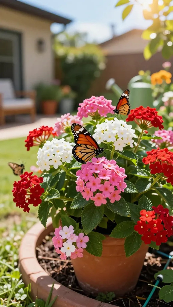 Realistic close-up photo of a vibrant butterfly garden centered on Pentas (Pentas lanceolata) in full summer sun, showcasing dense clusters of star-shaped blooms in mixed reds, pinks, and whites. A swallowtail and a monarch butterfly actively nectar on the blossoms, wings illuminated with crisp detail. The pentas are planted in both a large terracotta container near a cozy patio seating area and a well-mulched border bed, conveying container versatility and garden use. Leaves are glossy green and healthy, with subtle dew highlighting texture. Background shows soft, bright bokeh of a sunny, hot-climate backyard (blue sky hints, sun-flares through light foliage), a watering can and drip line suggesting consistent moisture. Naturalistic composition with shallow depth of field, golden-hour lighting, true-to-life colors, high-resolution macro detail, no text.