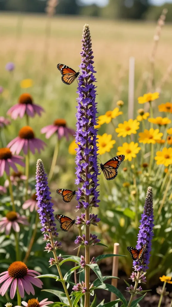 Realistic close-up garden scene featuring Blazing Star (Liatris) as the main subject: tall, vertical purple flower spikes blooming from top to bottom, set in full sun with a softly blurred prairie-style background. Multiple butterflies—monarchs and swallowtails—actively nectaring on the Liatris wands, suggesting a lively “VIP lounge” feel. Surrounding companion plants include purple coneflower (Echinacea) and bright yellow coreopsis for contrast, arranged in a naturalistic, prairie-chic composition. Subtle evidence of well-drained soil and a light garden stake supporting a taller Liatris stem in a mildly breezy setting. Golden-hour lighting with crisp detail, shallow depth of field, ultra-realistic textures of petals and butterfly wings, high-resolution DSLR photo.
