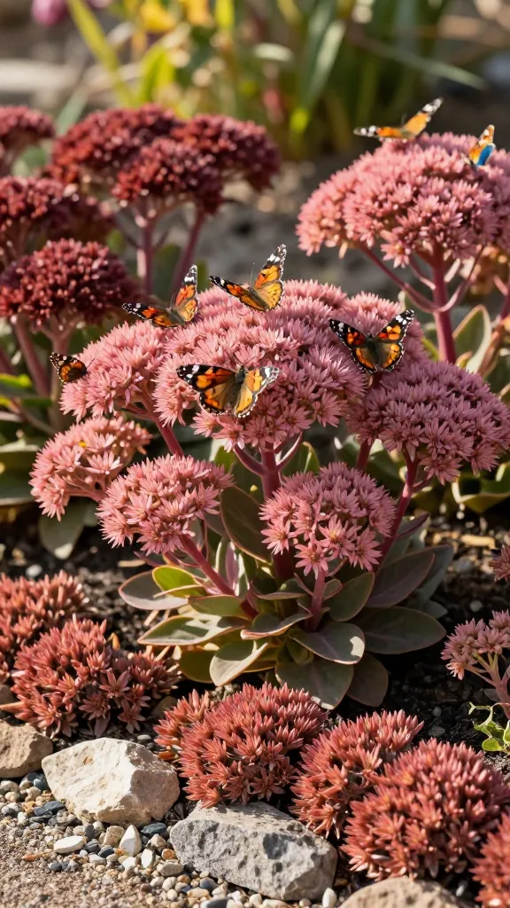 Close-up, realistic high-quality photo of a vibrant butterfly garden in early autumn featuring Sedum (Stonecrop) as the main subject, with large domed flower heads of ‘Autumn Joy’ transitioning from soft pink to rich russet, surrounded by a few clumps of ‘Matrona’ with dusky purple-red stems and dusky green leaves. Multiple native butterflies actively nectaring—include a Monarch prominently on the central Sedum cluster, plus a Painted Lady and a Red Admiral on nearby blooms. Add low-growing sedum mats along a sunny rock garden edge in the foreground for texture. Scene is a drought-tolerant, low-water landscape with gravel mulch, warm late-afternoon golden light, shallow depth of field that keeps the main Sedum heads and butterflies tack-sharp while softly blurring the background. Natural colors, crisp detail on butterfly wings and sedum florets, no human-made elements, lifelike photographic realism.