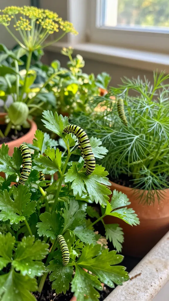 A realistic, high-resolution close-up photo of a sunny kitchen garden bed overflowing with fresh parsley, dill, and fennel, with several vividly patterned black swallowtail caterpillars (green bodies with black bands and yellow dots) actively feeding on the foliage. The herbs are clustered together in a bright, south-facing spot, with soft morning light and gentle bokeh highlighting delicate umbels of dill and feathery fennel fronds. Include a few terracotta pots nearby with additional herb clumps to suggest “plant extra,” and visible chew marks on some leaves to show active hosting. A blurred background hints at a cozy kitchen window and natural stone edging, no pesticides or tools in sight. Hyper-detailed textures: dew-kissed leaves, caterpillar segments, fine herb fronds. Natural color palette, shallow depth of field, macro-lens realism, 50mm, f/2.8, golden-hour lighting.