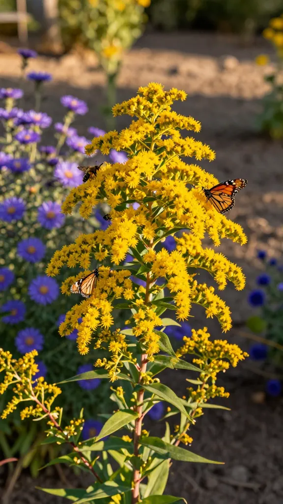 Ultra-realistic close-up photo of a vibrant native goldenrod (Solidago) in full autumn bloom, showcasing dense, arching plumes of tiny golden-yellow flowers alive with pollinator activity—monarch butterflies sipping nectar alongside a few late-season bees. Include a clumping cultivar resembling ‘Fireworks’ with radiating sprays, paired naturally with purple-blue asters in the mid-ground for striking fall contrast. Scene set in a sunlit, drought-tough garden bed with average soil, warm golden-hour light, shallow depth of field that softly blurs the asters and background foliage while keeping the goldenrod florets and monarch wings in razor-sharp detail. Naturalistic composition, no mulch glare, subtle breeze implied by gentle curvature of stems, rich color fidelity, high-resolution macro realism.