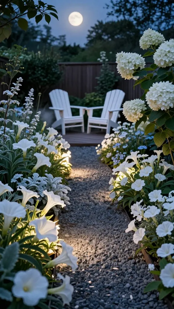 Realistic twilight garden scene glowing under a bright moon, showcasing an all-white flower “moon garden” as the main subject: a narrow, cozy backyard with a curving gravel path edged by low path lights. Masses of white blooms—moonflowers unfurling, evening primrose, and white nicotiana—spill along the path, with larger white hydrangea shrubs anchoring the corners. Silvery, fuzzy lamb’s ear and frosted dusty miller foliage create a soft, shimmering contrast that catches the moonlight. A pair of white Adirondack chairs with a small wooden bench sit at the path’s end for evening lounging. Subtle mist and cool-blue ambient light emphasize the luminous petals and reflective leaves; background is softly blurred fencing and shadowed trees. Shot as a high-resolution, natural-light night photo with gentle bokeh, detailed textures on petals and leaves, deep shadows, and realistic moonlit atmosphere. No text.