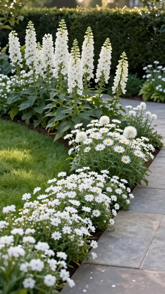 Realistic high-resolution photo of a lush white flower garden border framing a lawn and stone patio, captured in soft late-afternoon light. The scene features an all-white palette: tall back row with white delphiniums, foxgloves, and phlox; a mid layer of Shasta daisies and white echinacea; and a crisp front edge lined with sweet alyssum and candytuft spilling slightly onto the path. Fresh green foliage contrasts with the white blooms, creating a polished, cohesive look that blends formal and cottage-garden vibes. Include a neatly mown lawn on one side, a pale stone edging and patio on the other, and a trimmed box or yew hedge in the background for structure. Shallow depth of field with natural shadows, dewy petals, and realistic textures, overcast-to-golden hour lighting, ultra-detailed, 50mm lens perspective. No text.