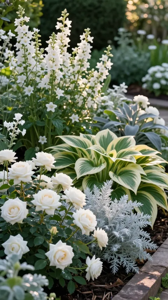 A realistic, high-resolution garden scene at golden hour featuring an elegant all-white flower border accented with silver and variegated foliage. In the foreground, creamy white hybrid tea roses bloom heavily alongside feathery silver artemisia (Artemisia ‘Powis Castle’), their cool tones intermingling. Mid-ground clusters of white campanula bells rise above lush mounds of variegated hosta with bold cream-and-green leaves, creating striking texture and pattern. To the side, airy white gaura wands (Gaura lindheimeri) float above broad, velvety silver leaves of sage ‘Berggarten,’ adding movement and softness. The planting bed is densely layered for depth, with natural mulch, soft dappled sunlight, and gentle shadows that emphasize contrast and texture. A blurred, dark green hedge backdrop enhances the white blooms and silver foliage, while a stone edging and dewy foliage details convey a fresh, timeless, luxurious white flower garden aesthetic. Photographed with a full-frame DSLR, 50mm lens, shallow depth of field, high dynamic range, no text.