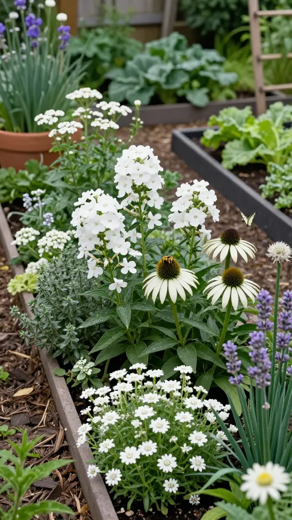 Realistic high-resolution photo of a compact backyard pollinator patch composed entirely of white-blooming flowers, planted in a naturalistic drift beside raised vegetable beds. Main subject: a serene white flower garden showcasing white phlox, white yarrow (‘White Beauty’), white monarda (bee balm), echinacea ‘White Swan’ with bold dark cones, white agastache, and white lavender, interplanted with herbs in bloom—thyme, oregano with whitish flowers, and chives with pale blossoms. Bees and butterflies (honeybees, bumblebees, and a swallowtail) actively foraging on the blooms. Soft morning light, shallow depth of field with crisp focus on flower textures and pollinators, dewy foliage, and a muted green backdrop of vegetable beds and trellises to suggest natural pest control. Earthy mulch pathways, terracotta pots with herbs nearby, and a restrained, elegant palette of greens and whites. Photorealistic, 50mm lens look, natural colors, no text.
