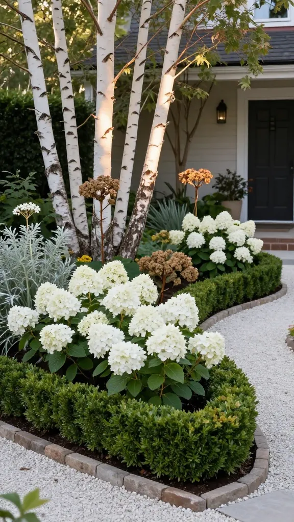 Realistic high-resolution photo of a sophisticated front-yard white flower garden designed with a four-season framework: a curving border anchored by neatly clipped boxwood and yew hedging forming crisp lines, underplanted with massed white hydrangea paniculata showcasing conical blooms and some dried, sculptural winter seedheads for texture. In the background, a small grove of white-barked birch and a paperbark maple provide striking winter-interest trunks, with soft morning light catching the pale bark. Low, natural stone edging defines the beds beside a clean gravel path leading to a classic front entry. Seasonal mix shows subtle late-season mood: a few remaining white blooms, silvery-green foliage, and tawny hydrangea heads for structure. No people, no text; ultra-realistic lighting, shallow depth of field highlighting the hydrangeas and birch bark, 50mm lens look, balanced composition emphasizing timeless, clean curb appeal year-round.