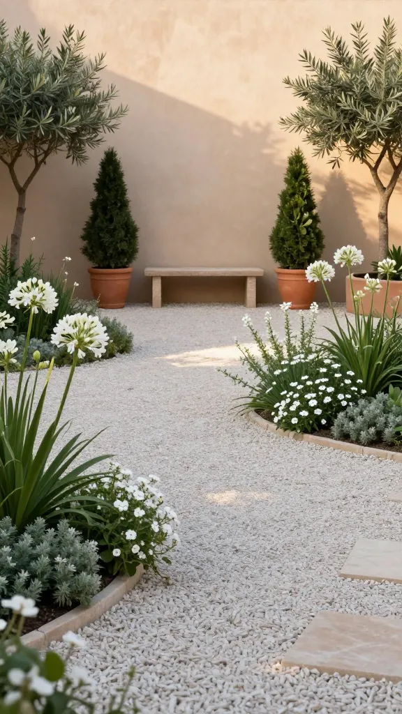 Realistic high-resolution photo of a minimalist Mediterranean-inspired gravel courtyard garden at golden hour, featuring a clean expanse of pale limestone gravel that reflects soft sunlight and makes white blooms pop. Center focus on sculptural potted evergreens: a pair of clipped olive trees and a bay laurel in matte clay containers, flanking a simple bench. Mass plantings of white agapanthus with tall stems and spherical blooms, airy white gaura wands, and compact white Verbena bonariensis ‘Lollipop’ sway gently, arranged in soft drifts for movement. Low thyme and woolly yarrow weave along the gravel edges and between stepping stones, softening lines. Subtle stucco wall backdrop in warm sand tone, with dappled shadows from the olives; no visible irrigation. Natural stone edging, minimal decor, and a restrained palette of silvery-green foliage, pale gravel, and crisp white flowers. Shot at eye level, shallow depth of field, ultra-realistic textures of gravel, terracotta, and foliage, soft Mediterranean light, no people, no text.