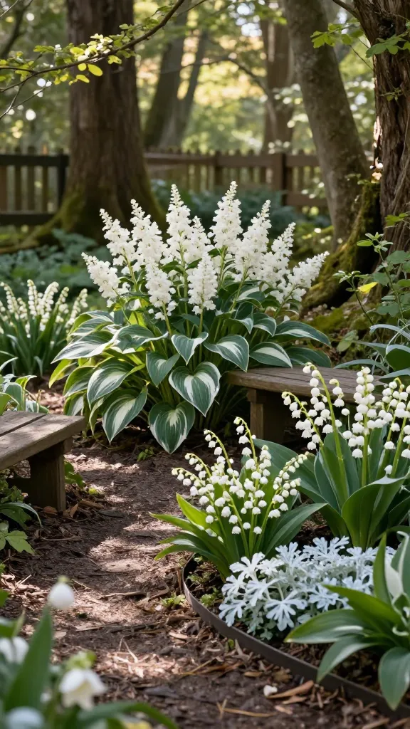 A realistic, high-resolution photo of a serene woodland white flower nook tucked beneath mature trees in dappled shade, designed as a small, dreamy white-flower garden. A narrow mulch path curves through a shady corner bordered by lush clumps of hosta ‘Fire and Ice’ with variegated white-and-deep-green leaves, frothy white plumes of astilbe rising behind them, and delicate arching stems of Solomon’s seal with dangling white bell flowers. Low sweeps of lily of the valley (contained by a discreet edging strip) create a fragrant ground layer, while brunnera ‘Jack Frost’ adds silvery, white-frosted heart-shaped leaves for contrast. White hellebores bloom near the front, hinting at late-winter interest. Soft, filtered sunlight streams through the canopy, highlighting white blooms that brighten the shady space and visually expand the small area. A simple weathered wood bench sits at the path’s curve, partially hidden for a secret-garden feel, with a north-facing fence and tree trunks softly blurred in the background. Naturalistic composition, moist woodland soil, fresh spring greens, realistic textures, shallow depth of field, 50mm lens, golden-hour shade, ultra-detailed, lifelike color rendering. No text.