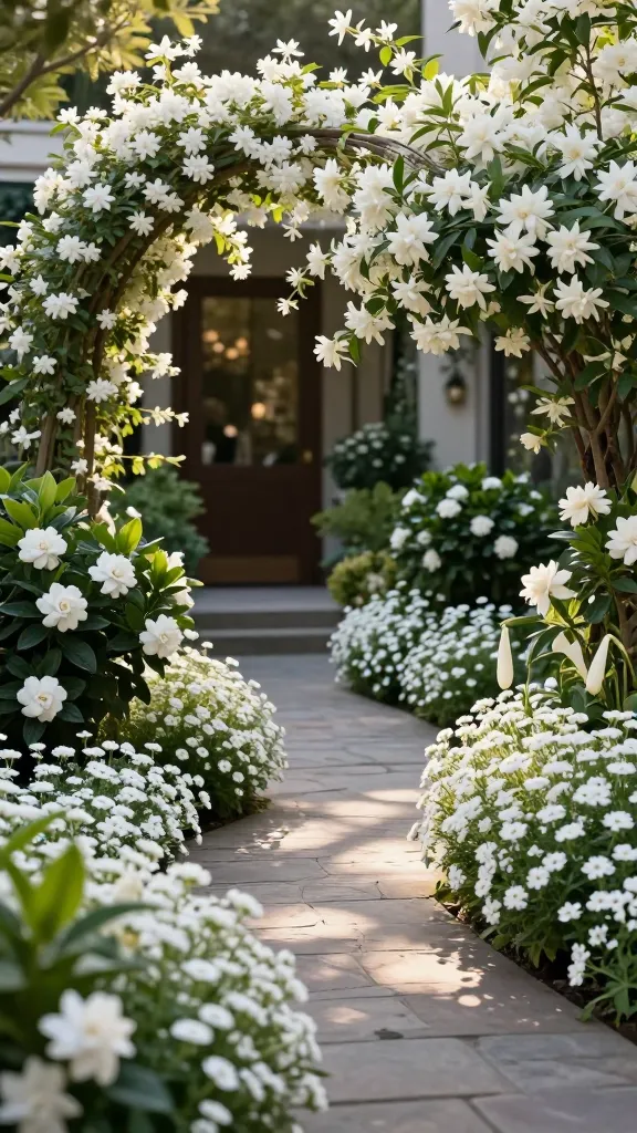 Golden-hour, high-resolution realistic photo of a garden pathway lined with all-white flowering plants and lush green foliage: a narrow flagstone walkway leading to a welcoming front entry and patio area, borders edged with drifts of white sweet alyssum and low white dianthus forming soft mounds, intermittent compact gardenia shrubs with glossy dark leaves and creamy white blooms in a warmer-climate setting, slender trellises arched over the path with star jasmine vines covered in pure white star-shaped flowers, a spring-flowering mock orange shrub near the entry bursting with clusters of white blossoms, and a few night-blooming nicotiana plants tucked along the edge with elegant tubular white flowers hinting at evening perfume; soft dappled sunlight, shallow depth of field emphasizing the fragrant white blooms along the path, subtle breeze movement, no people, no text, boutique-hotel ambiance, ultra-detailed, natural color grading, 50mm lens look.