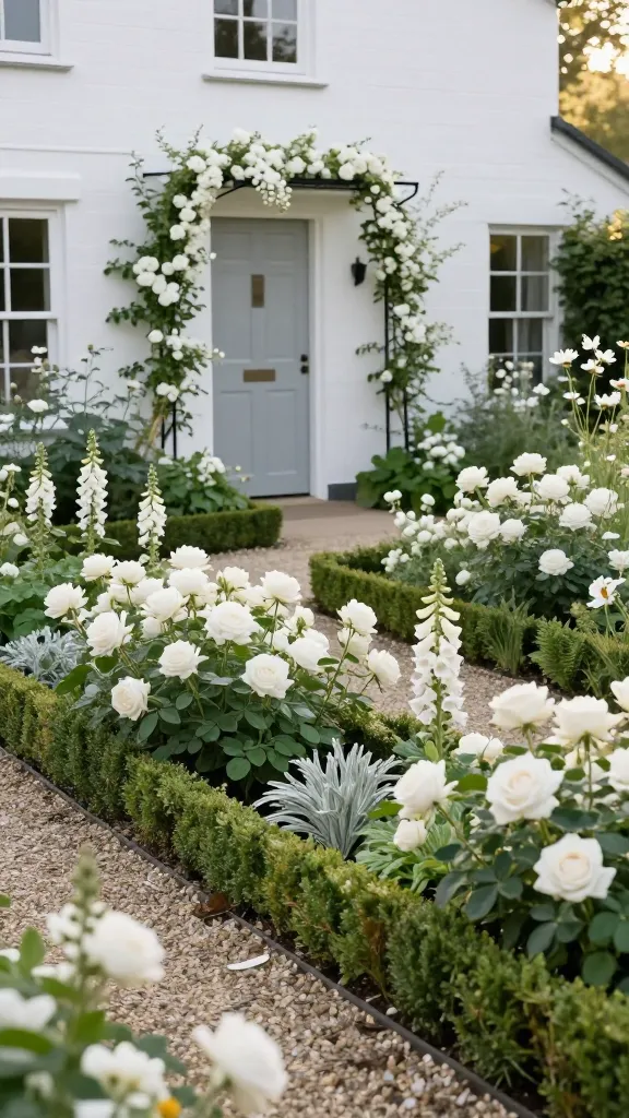 A realistic, high-resolution photo of a serene white cottage garden designed with order and restraint: a charming white-painted cottage facade with a soft grey front door as backdrop, gravel paths edged in low clipped boxwood, and lush but tidy planting beds. Repeated drifts of pure white ‘Iceberg’ and ‘White Meidiland’ roses bloom abundantly, interplanted with white foxgloves and white hollyhocks providing vertical height at intervals. Delicate white sweet peas climb evenly spaced black metal obelisks, while airy white cosmos sway lightly to add gentle movement. The palette is strictly green and white with varied foliage textures—silver-green lamb’s ear, glossy rose leaves, and ferny cosmos foliage—arranged in repeating groups of 3–5 for a cohesive, intentional look. Morning golden light, soft shadows, and a shallow depth of field emphasize the blossoms while keeping the overall composition crisp, romantic, and uncluttered. No people, no text, ultra-realistic garden photography.