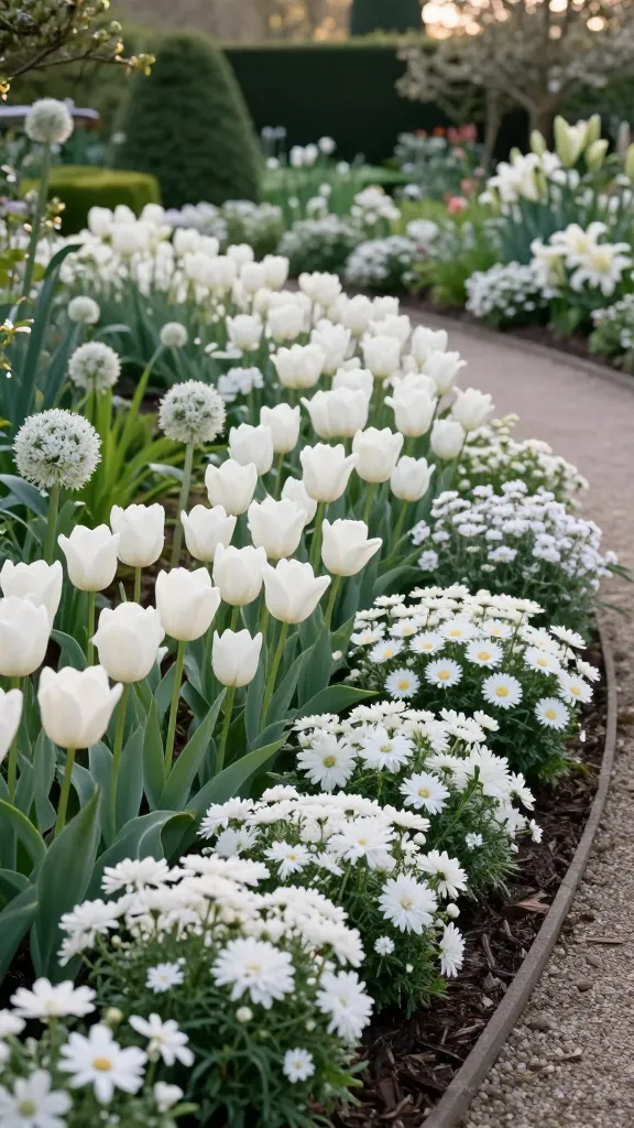 A realistic, high-resolution garden photo showcasing a large “white waves” perennial bed designed to bloom in staggered waves from spring to frost, dominated by pure white flowers. Foreground and midground feature layers of pristine white tulips, spherical white alliums, and low mounds of Iberis (candytuft) in spring; transitioning seamlessly into summer drifts of Shasta daisies, white garden phlox, and elegant white lilies; and culminating in fall with clouds of white Japanese anemones, white asters, and compact white chrysanthemums. The bed is broad and gently curved, bordered by a neat gravel edge and dark, rich mulch to accentuate the whites. Lush, healthy green foliage provides contrast, with soft morning golden light and shallow depth of field highlighting crisp petal texture and dewdrops. Subtle background of a classic garden setting with clipped boxwood, a pale stone path, and a blurred treeline, no visible text or signage. Natural color grading, lifelike detail, and a serene, timeless atmosphere emphasizing the clean, all-white flower theme.